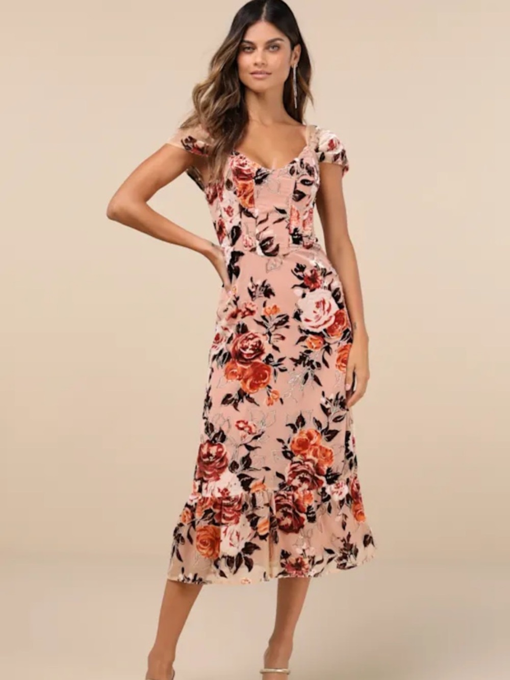 New Lulus Composed Beauty Burnout Velvet Floral Midi Dress in Blush Pink Sz XL
